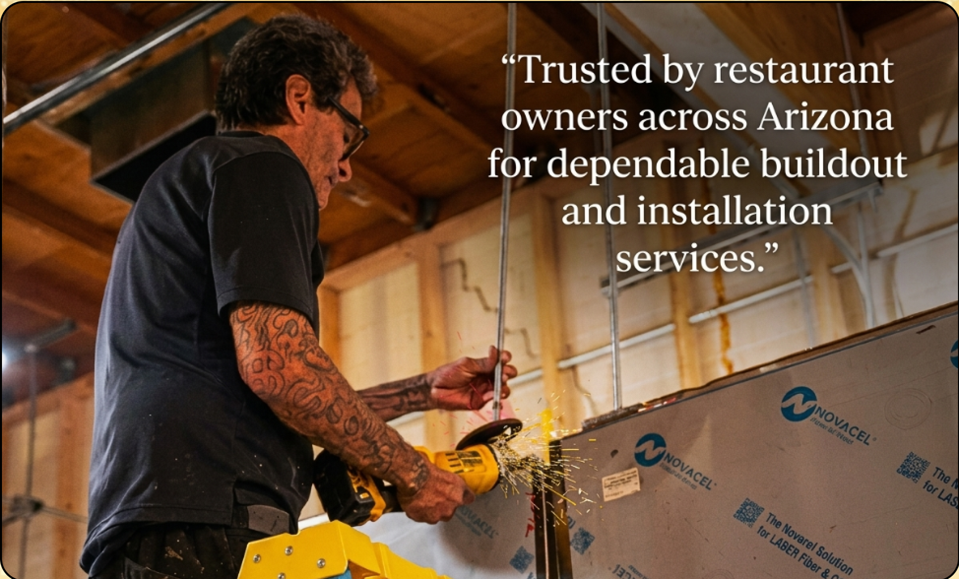 Restaurant buildout installer cutting construction material